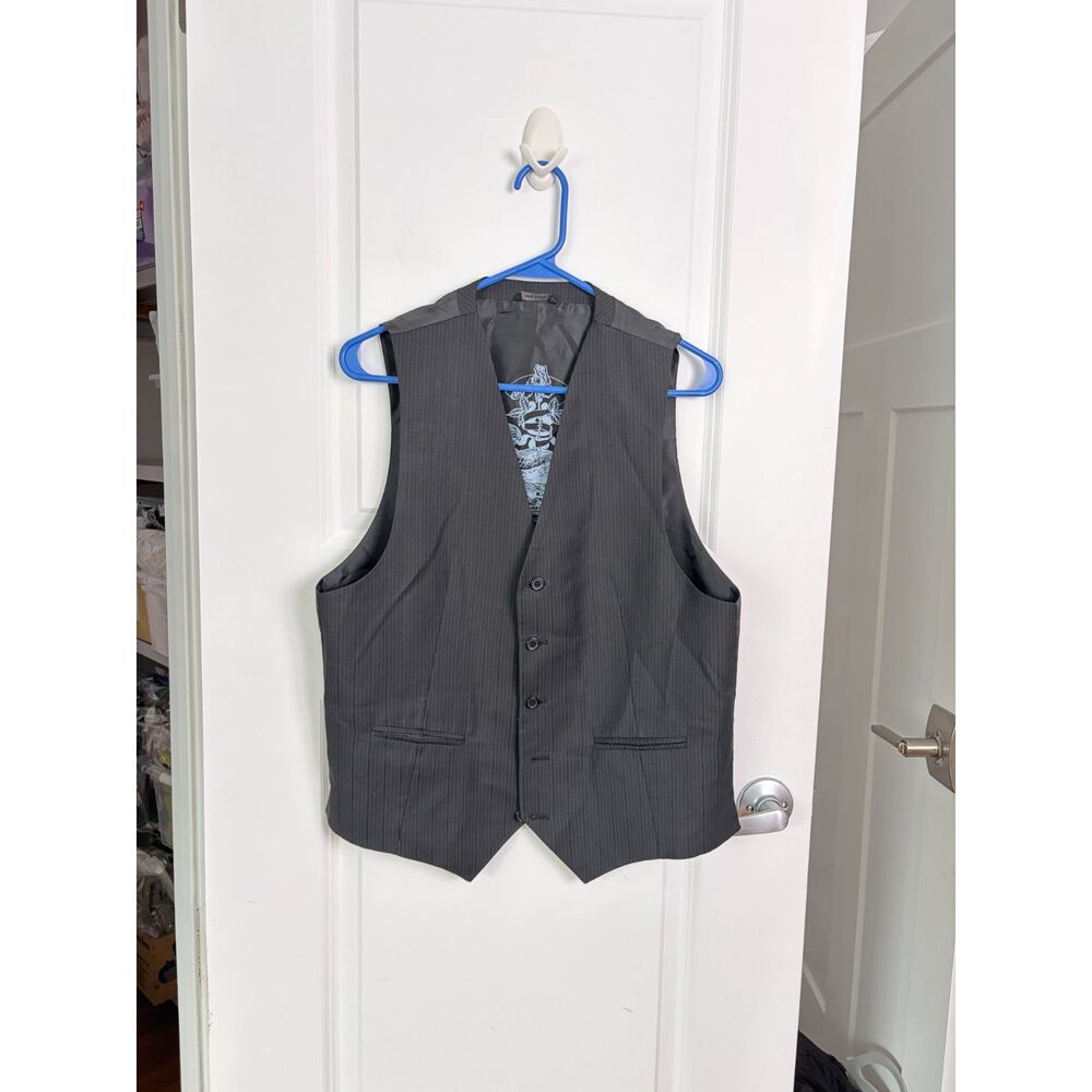 Eighty Eight Platinum Men Med Black Gray Pinstripe Vest Graphic Lining Y2K Goth